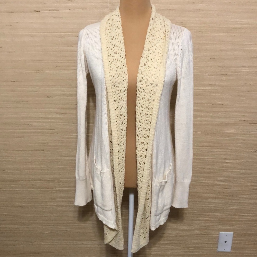 Anthro Angel of the North Cream Knit Crochet Open Front along Cardigan Medium